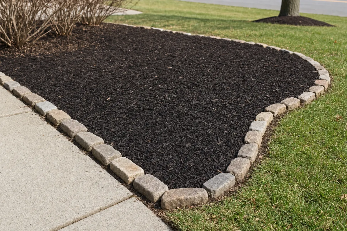 Crisp hand-cut edge along an existing mulch garden bed where it meets the lawn, with a half-moon edger and a freshly defined trench separating dark mulch from green turf — a minor bed edging refresh, not a rebuild.