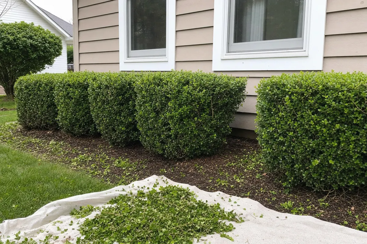 Close-up of a small waist-high boxwood-style hedge in front of a residential garden bed being neatly tidied with handheld hedge shears at ground level — light shaping of low ornamental shrubs only.