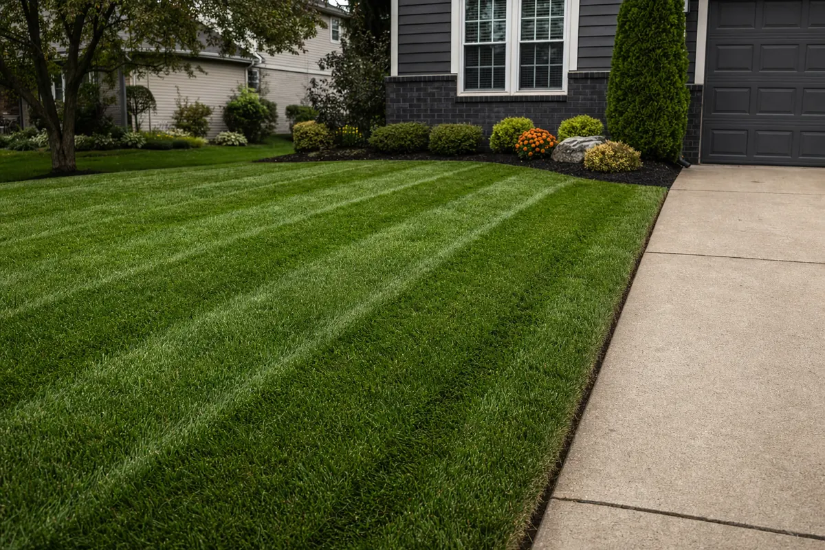 Steel Harbor crew member mowing a tidy suburban front lawn in Lorain with a walk-behind mower, leaving clean parallel stripes across freshly cut green grass next to a trimmed driveway edge.